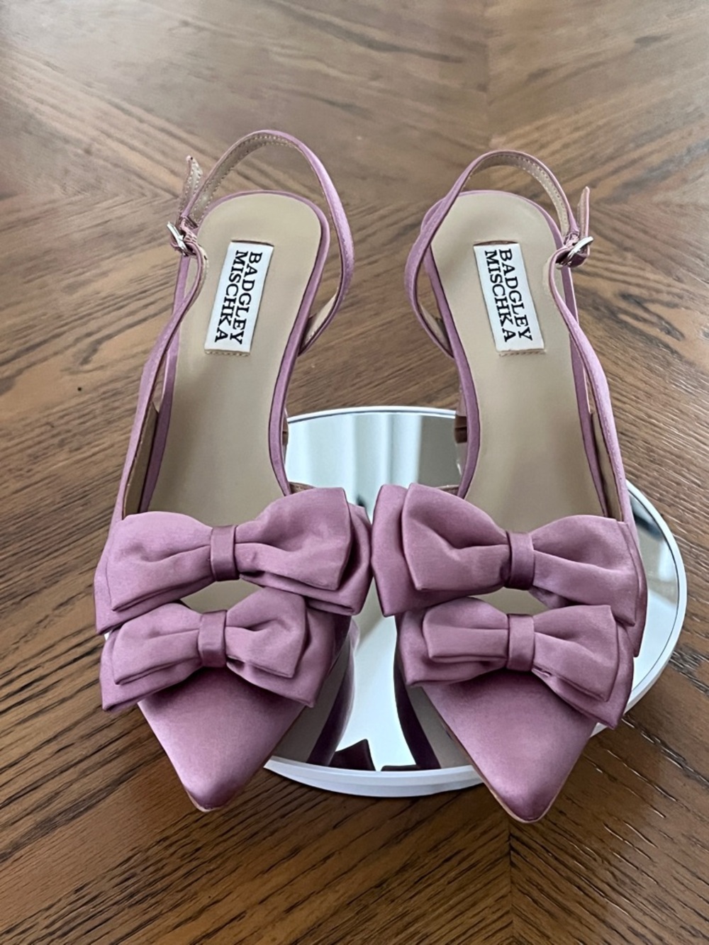 Badgley Mischka Satin Bow Slingback Heels - Picture 3 of 7